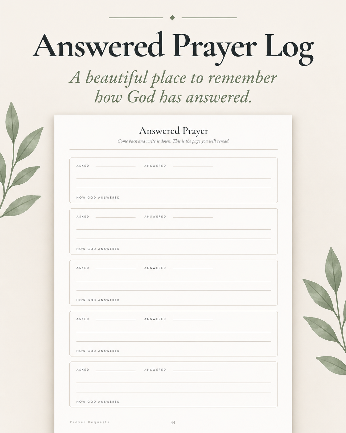 The answered prayer log page