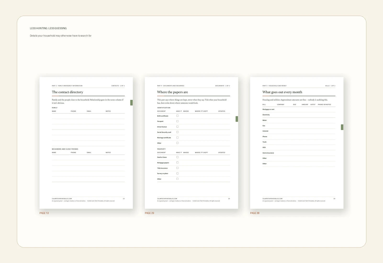 Real Family Emergency Binder pages that organize household information
