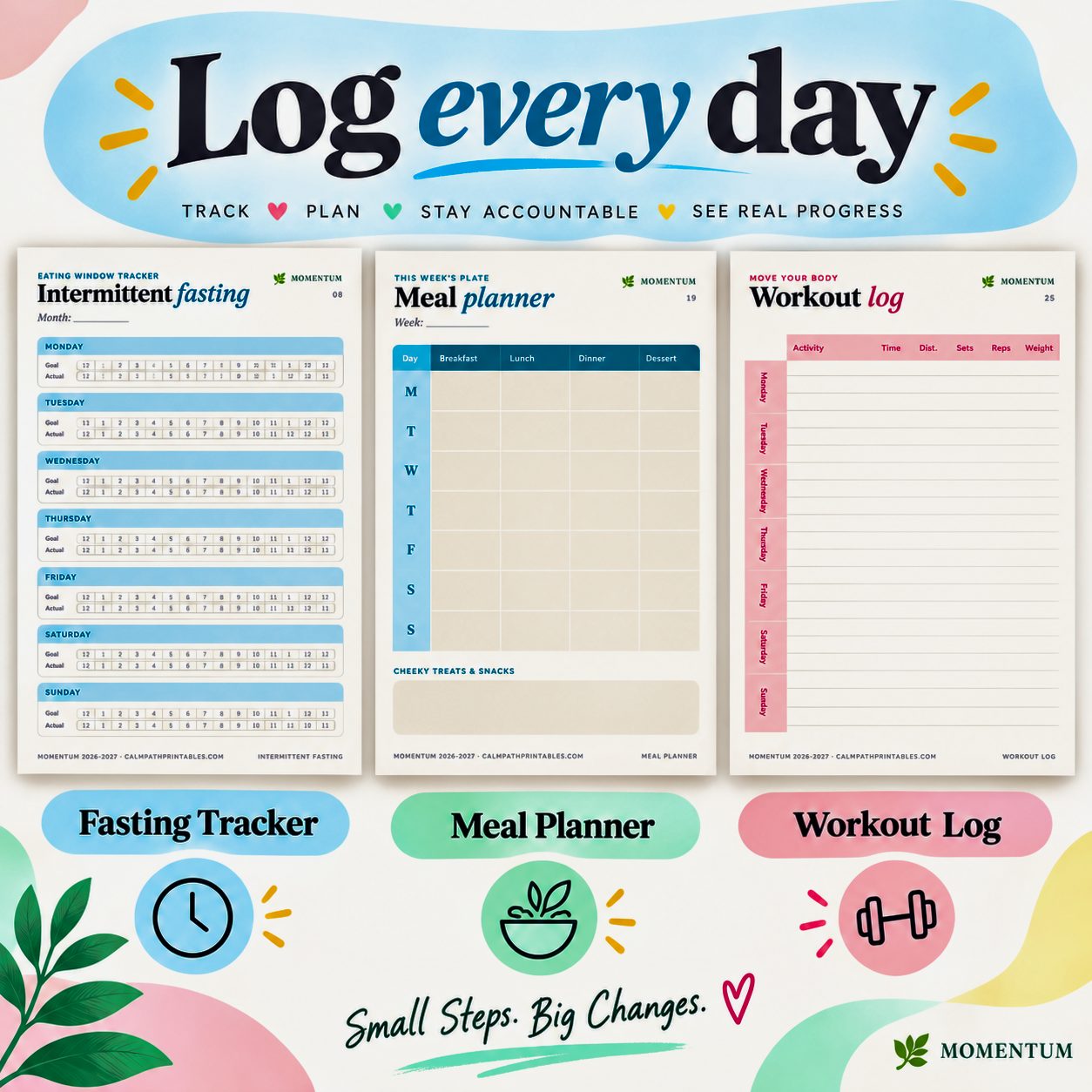 Fasting tracker, meal planner and workout log pages