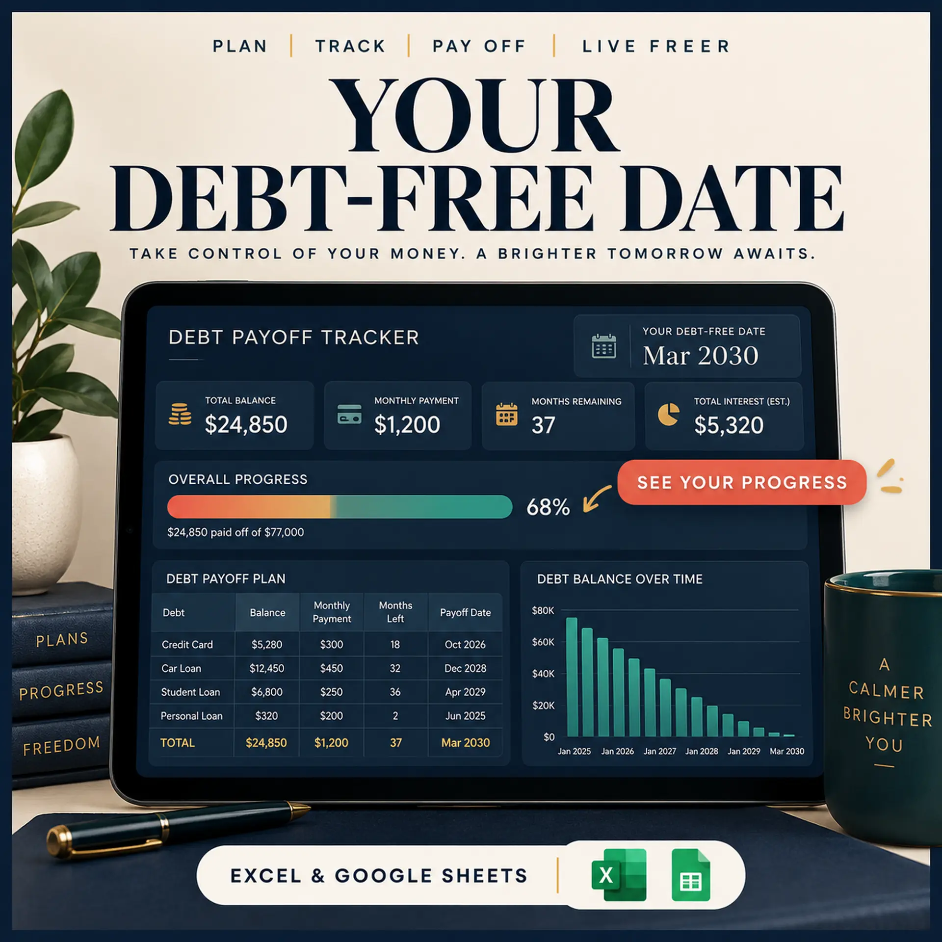 The debt payoff tracker, showing payoff dates and interest saved for each debt
