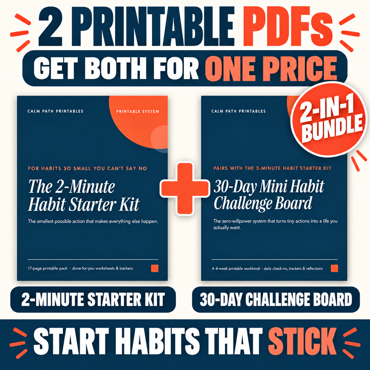The 2-Minute Habit Starter Kit and 30-Day Mini Habit Challenge Board printable PDF covers side by side