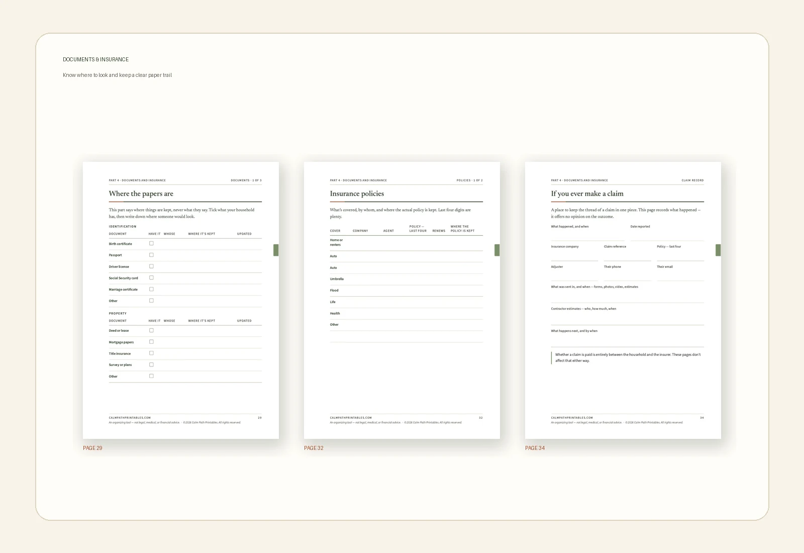 Documents and insurance pages