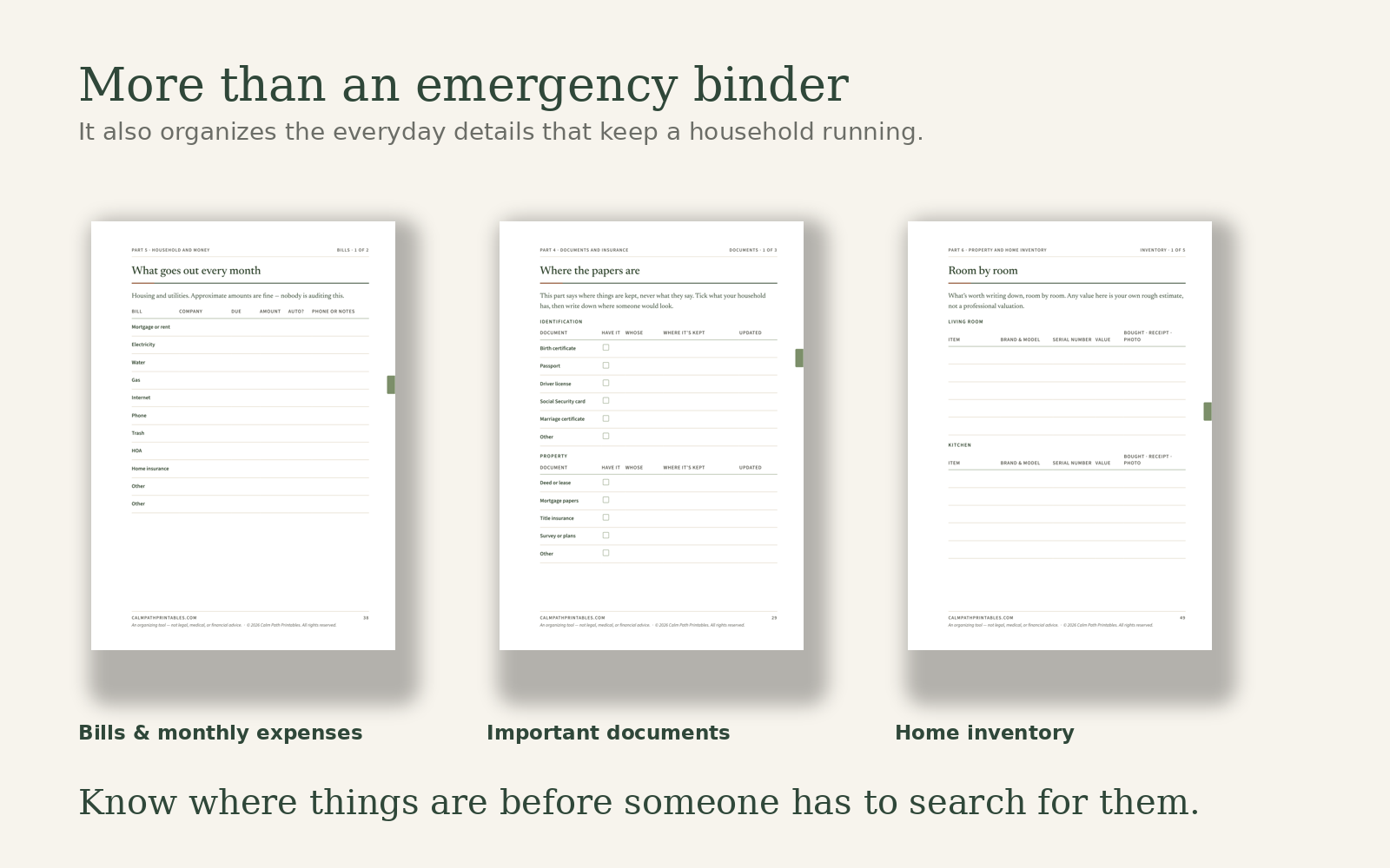 Bills, documents and home inventory pages