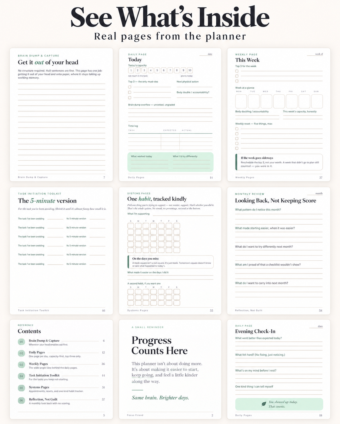 Nine real pages from the ADHD planner