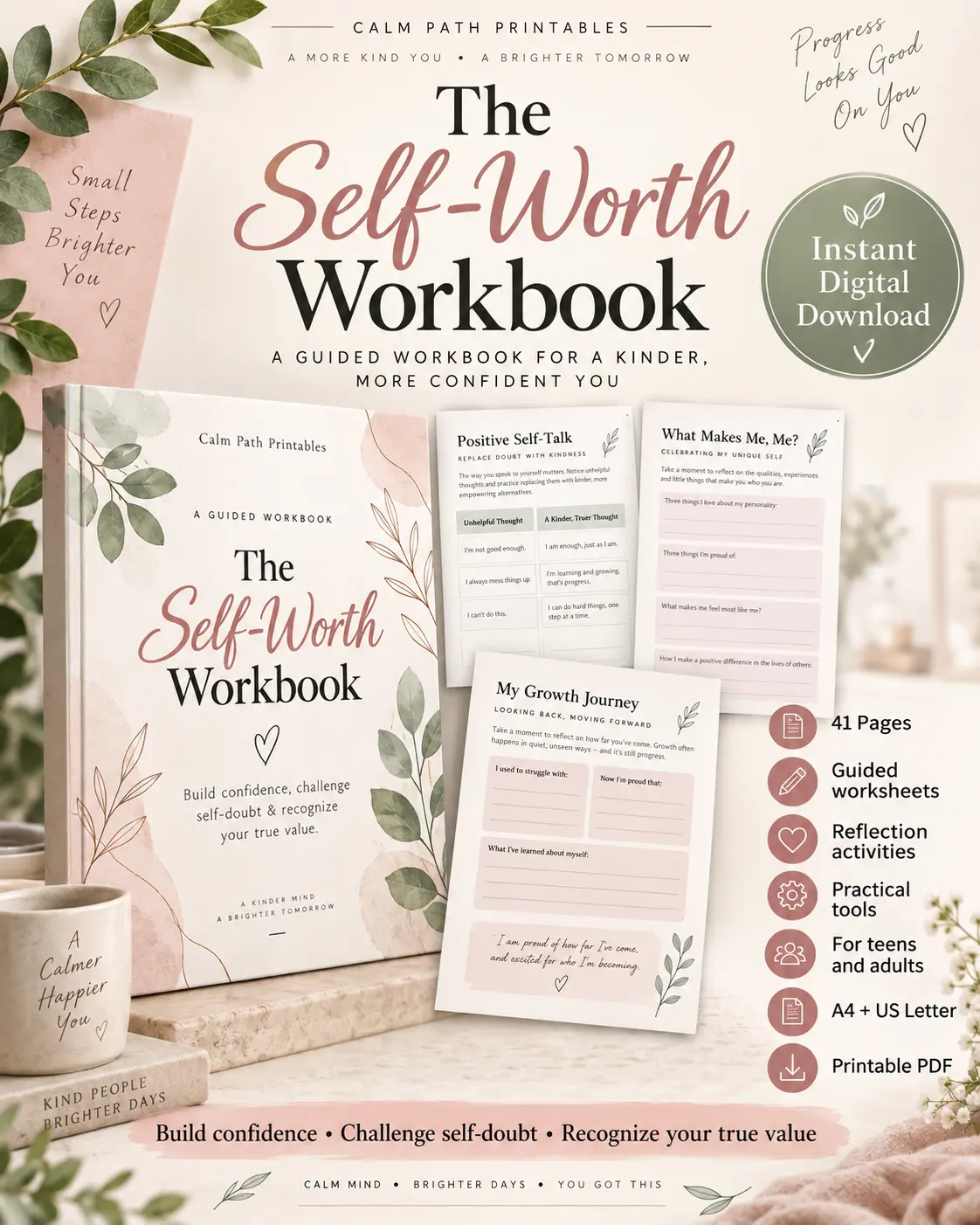 The Self-Worth Workbook printable pages and cover