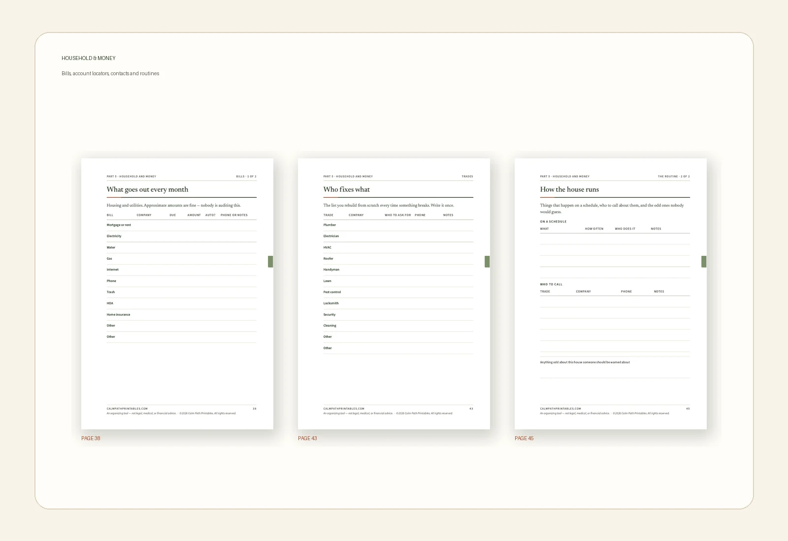 Household bills, accounts and routines pages