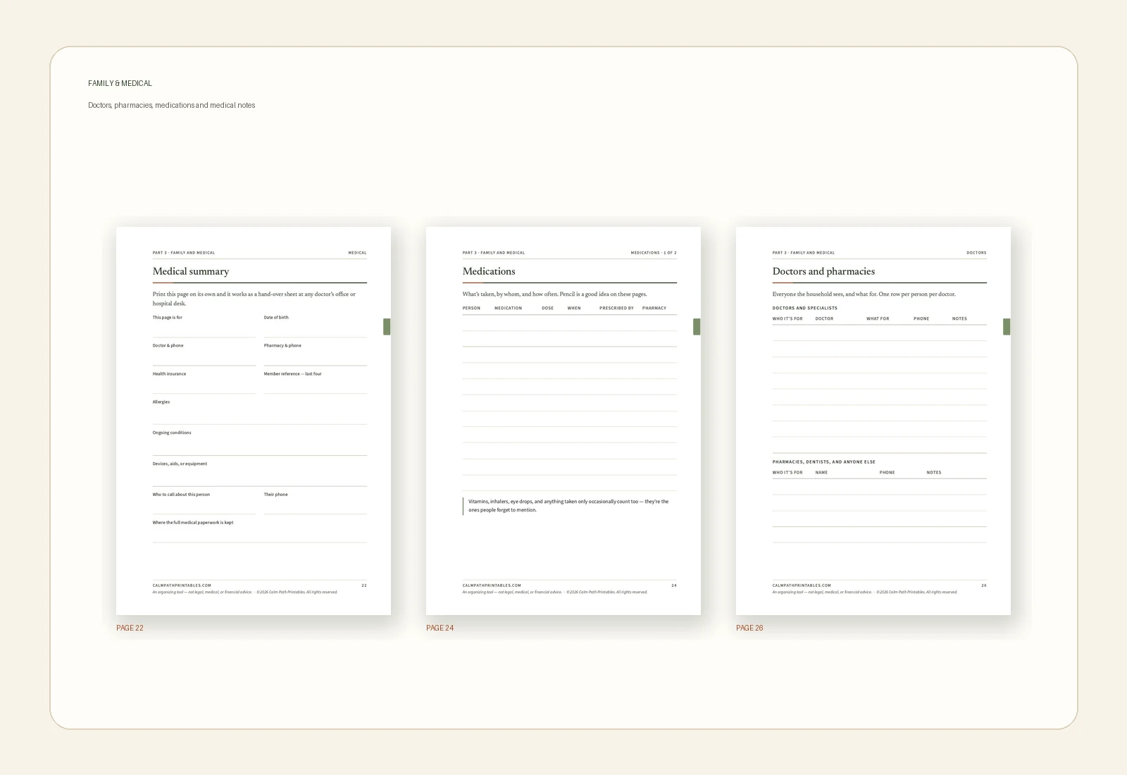 Family and medical information pages