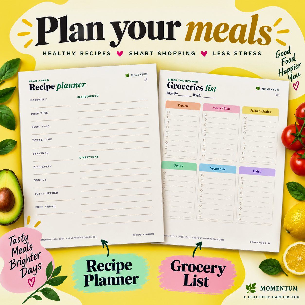 Recipe planner and grocery list pages