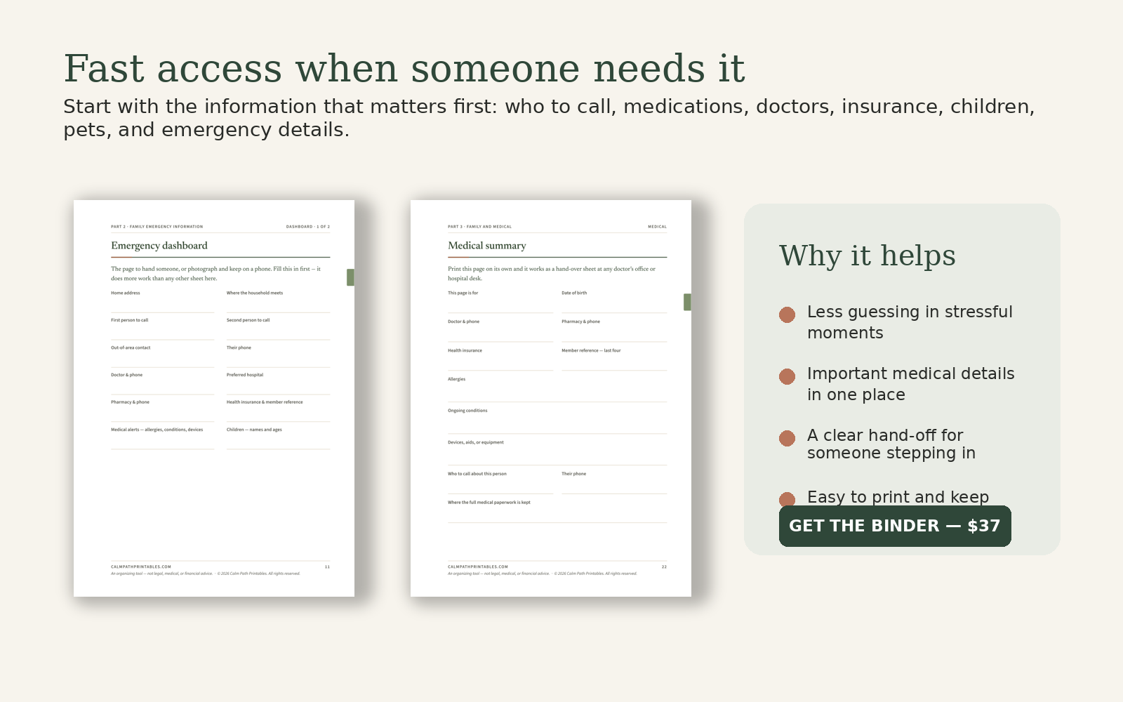 Emergency dashboard and medical summary pages
