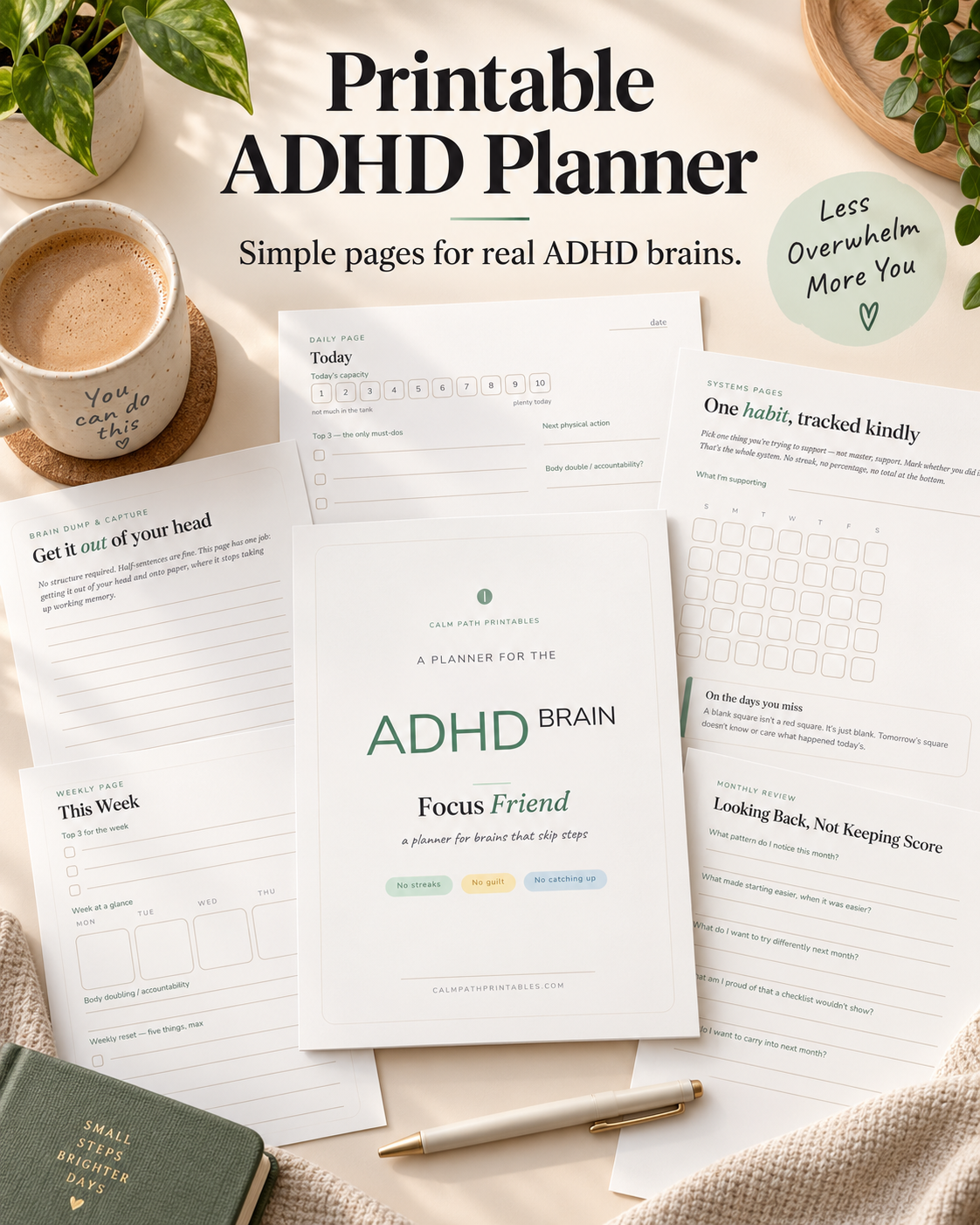 Printed ADHD planner pages laid out on a desk