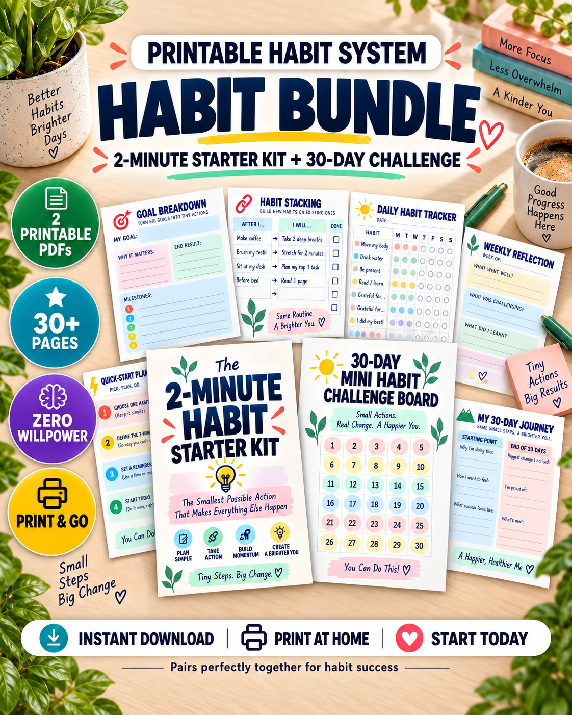 The Habit Bundle: 2-Minute Starter Kit + 30-Day Challenge Board printable cover
