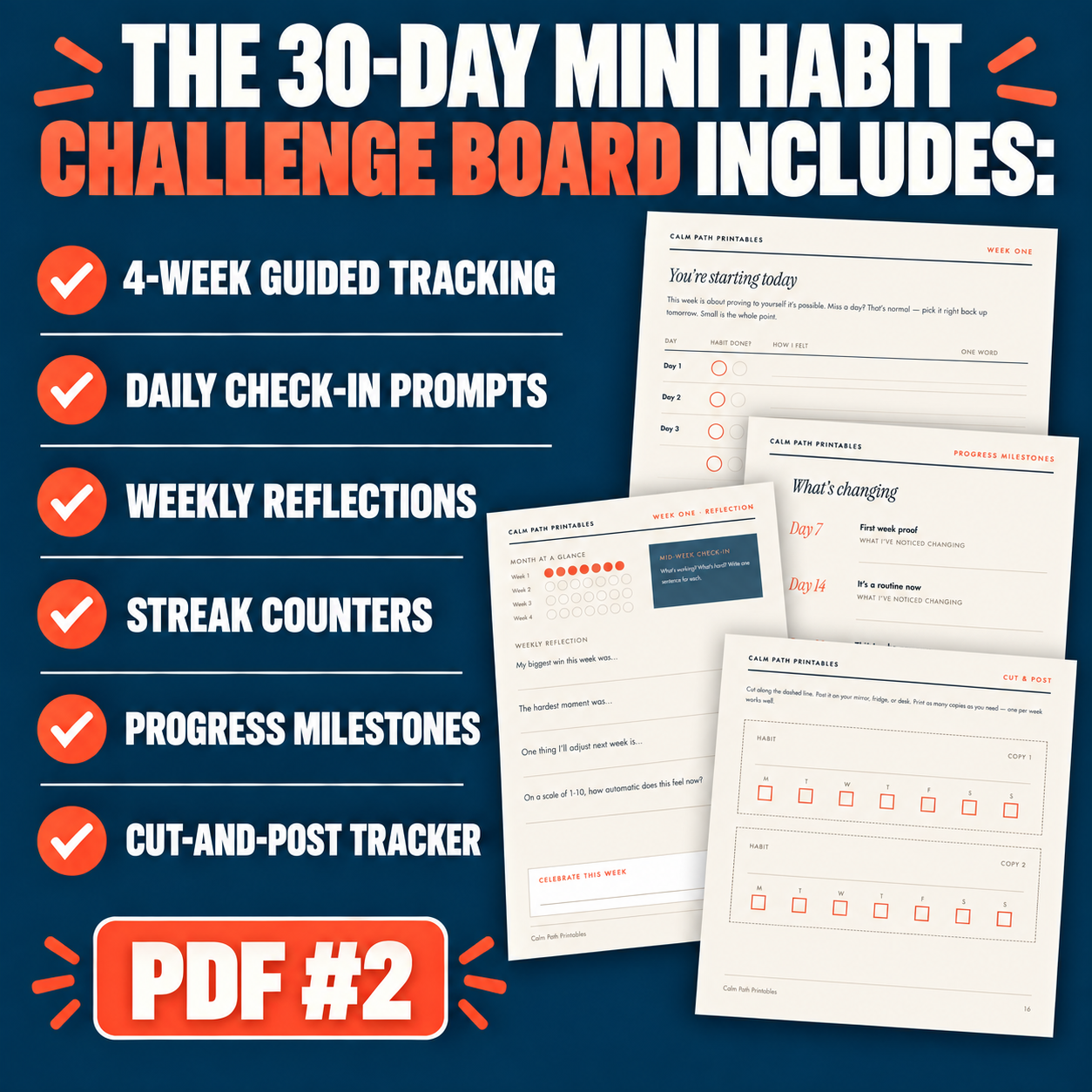 Pages from the 30-Day Mini Habit Challenge Board printable PDF