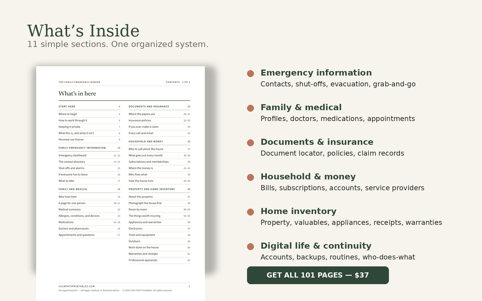 Table of contents pages from The Family Emergency Binder