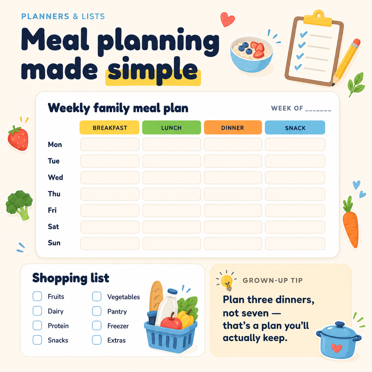 Weekly family meal planner and kid-friendly shopping list pages