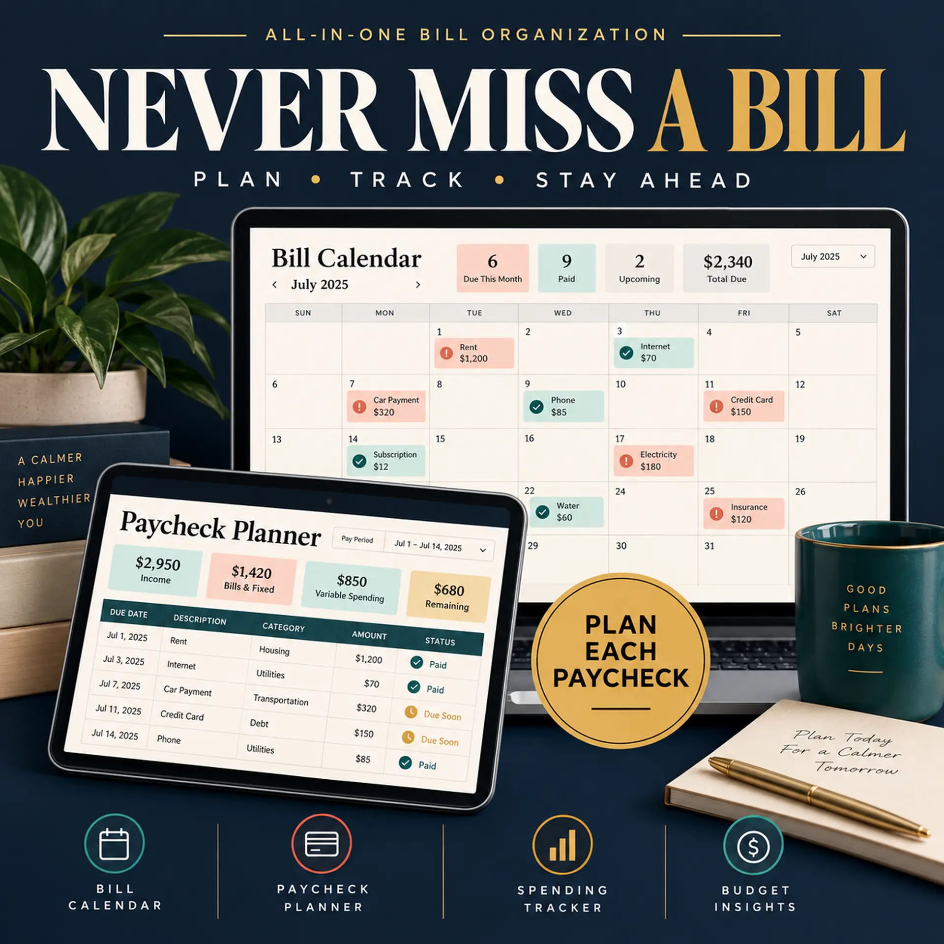 The bill calendar and paycheck planner, mapping every due date across the month
