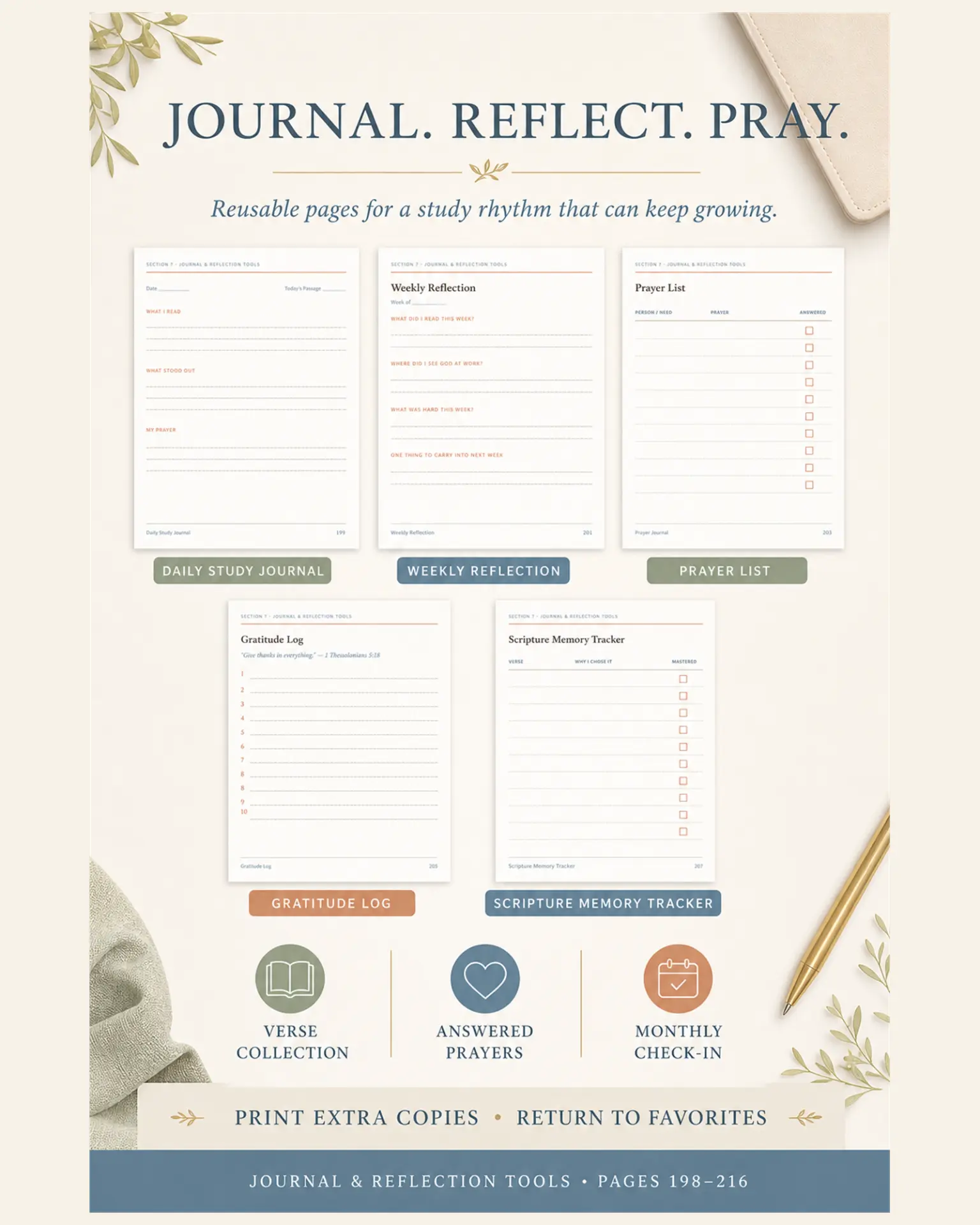 Journal and reflection pages: daily journal, weekly reflection, prayer list, gratitude log