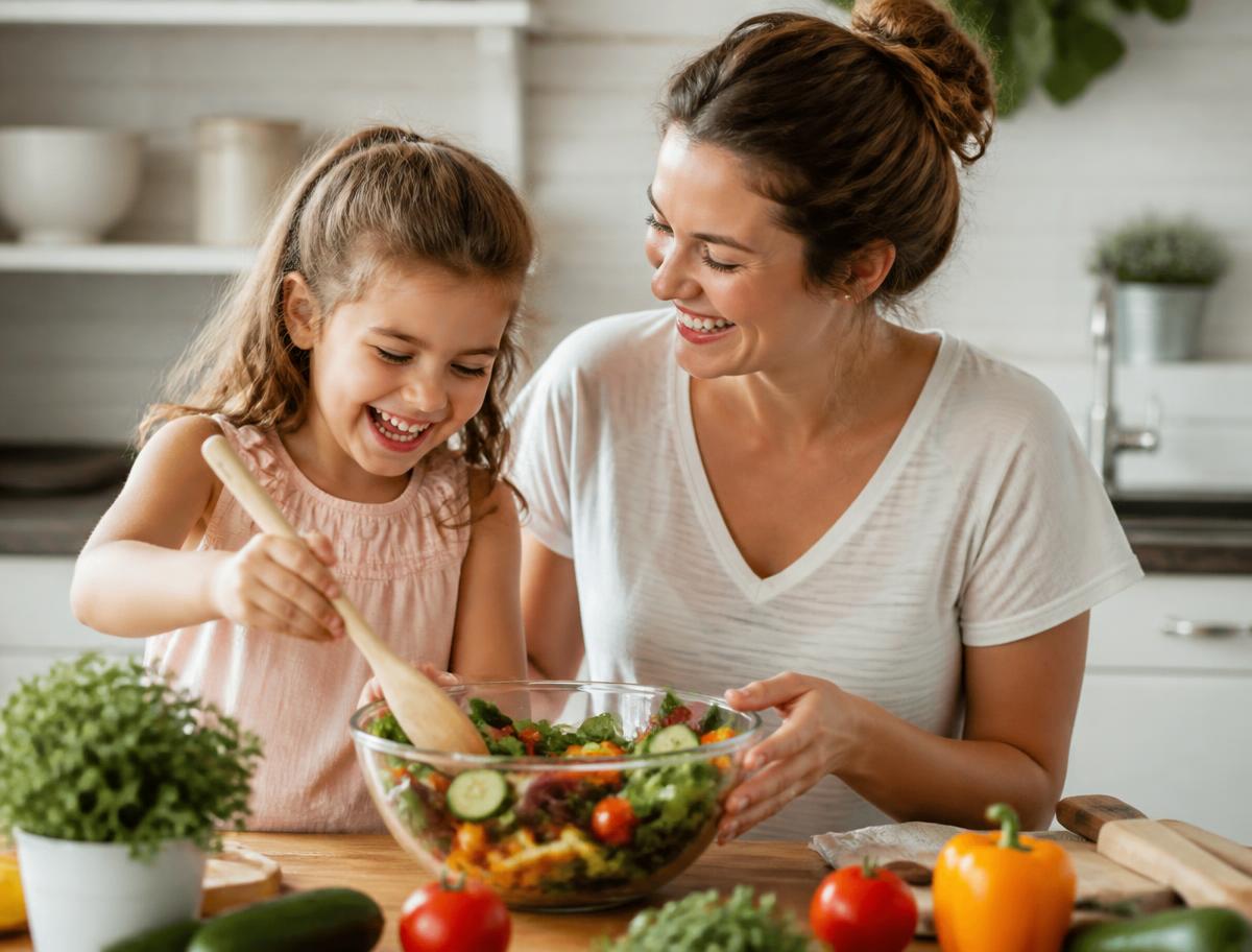A mother and her young daughter laughing together while mixing a colorful salad in a bright kitchen