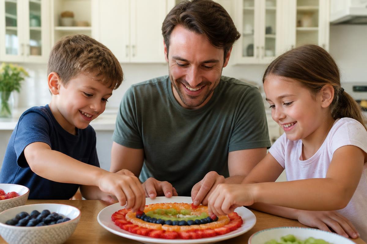 A dad and two children arranging a rainbow of fresh fruit on a plate together